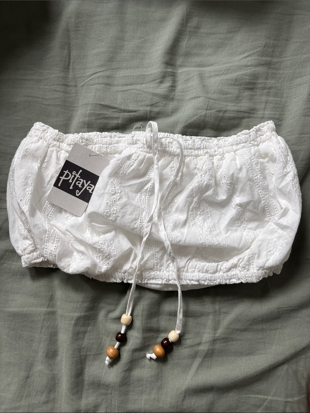 Pitaya White Embroidered Cropped Tube Top with Beaded Drawstring